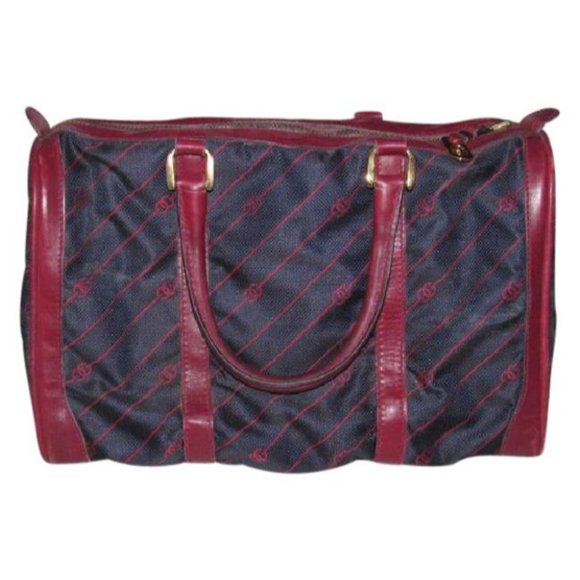 Gucci Vintage Navy BOSTON Bag Satchel Canvas With Burgundy Red Diagonal G Logo - Picture 1 of 12